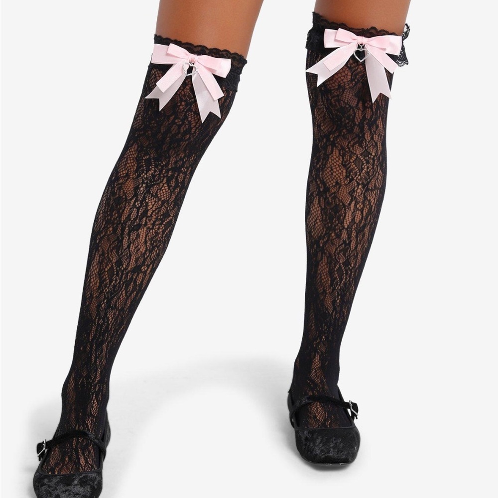 Black Pointelle Pink Bow Over The Knee Sock Tights Hot Topic